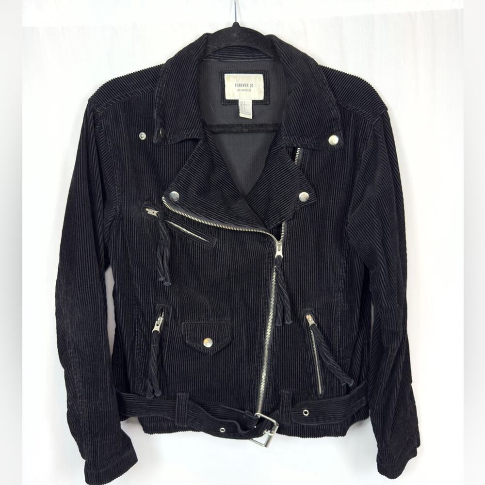 Forever 21 Black Corduroy Faux Suede Biker Moto Jacket Silver Hardware Small